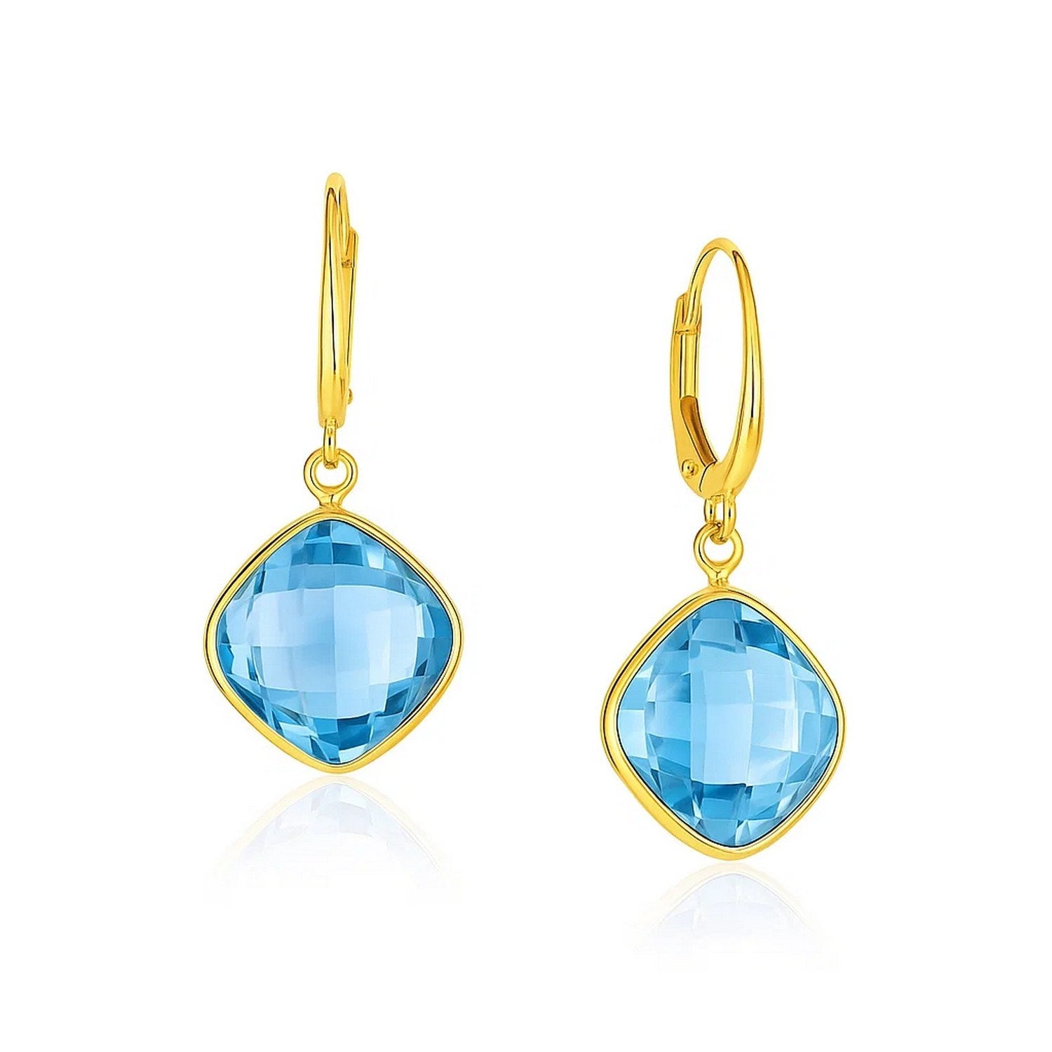 Drop Earrings with Blue Topaz Cushion Briolettes in 14k Yellow Gold in a sleek high-contrast midnight luxury editorial style